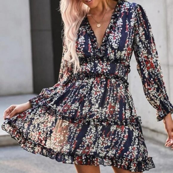 Floral print open back ruffle long sleeve dress